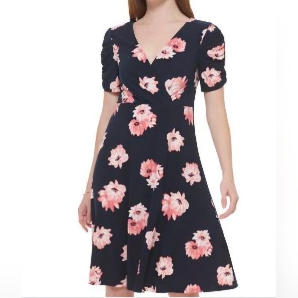 Tommy Hilfiger Women's Short Puff Sleeve Floral Printed Fit and Flare Dress, 4